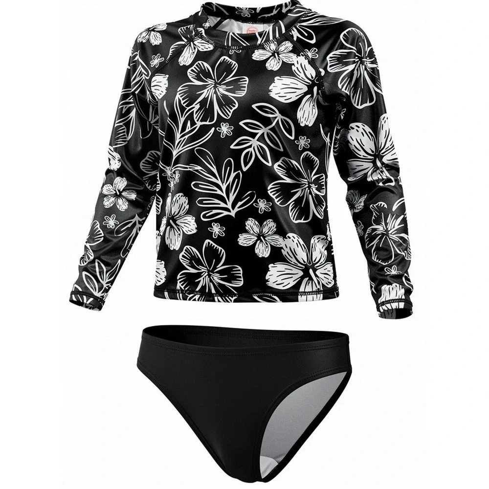 NEW Wonder Nation Girls Rash Guard Swimsuit 2-Piece Black Floral Size 6/6X